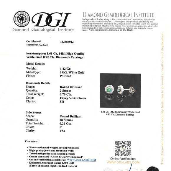 Diamond Halo Earrings Fancy Green Round VS2 0.92 TCW 14K White Gold - Picture 4 of 7